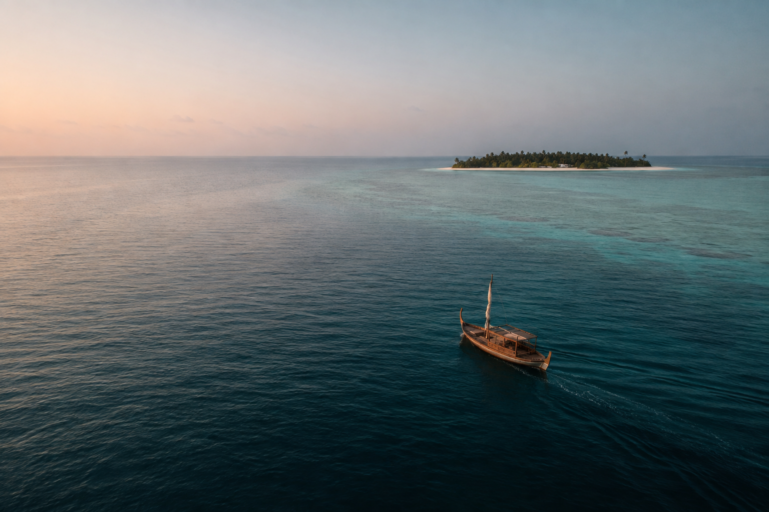 A traditional Maldivian dhoni crossing open water at dawn